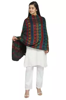 Black & Multicolor Modal Woven Design Geometric Striped Shawl