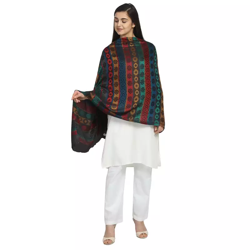 Black & Multicolor Modal Woven Design Geometric Striped Shawl