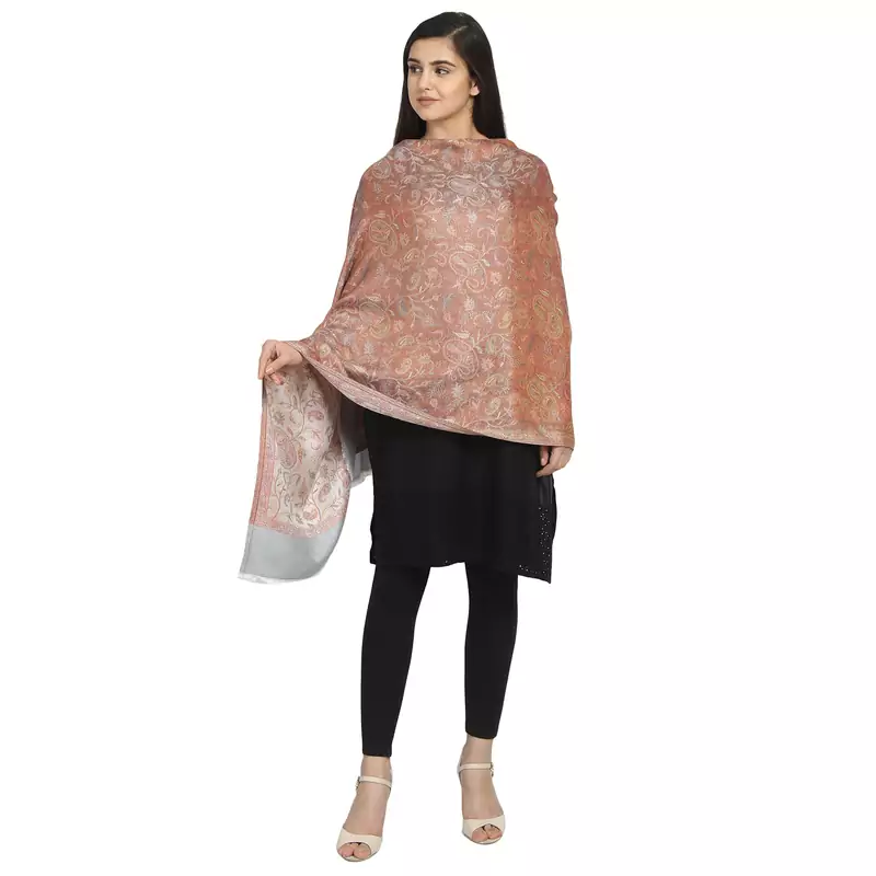 Peach & Grey Modal Woven Design Floral Paisley Shawl