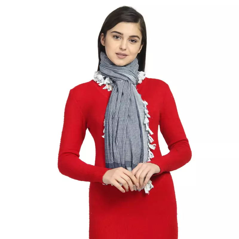 Navy Cotton Woven Design Checkered Stole scarf