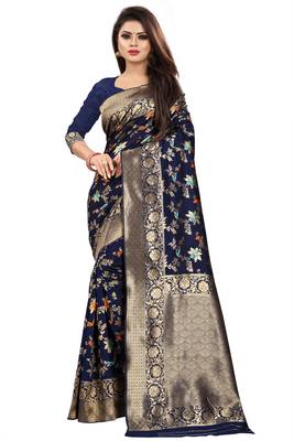 Navy Blue Woven Banarasi Silk Saree With Blouse 1