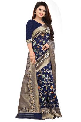 Navy Blue Woven Banarasi Silk Saree With Blouse 2