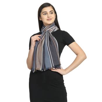 Navy & Brown Viscose Rayon Woven Design Striped Stole scarf 1
