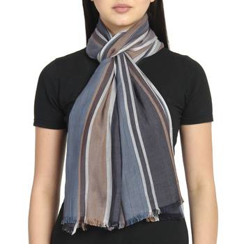 Navy & Brown Viscose Rayon Woven Design Striped Stole scarf 2