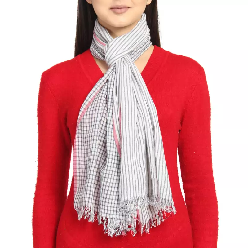 White/Navy Viscose Rayon Woven Design Checkered Stole scarf