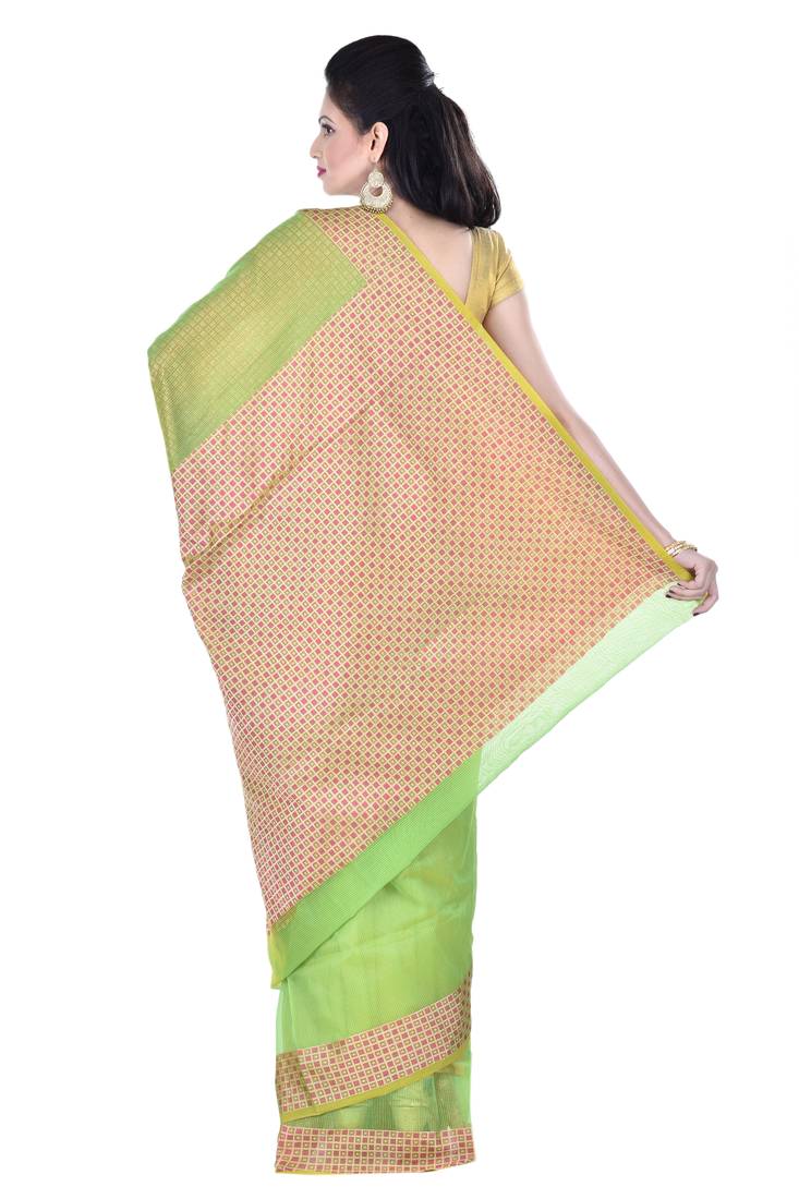 Green Woman Cotton Silk Blend Kota Check Banarasi Saree