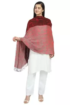 Red & Black Viscose Rayon Woven Design Striped Botanical Shawl