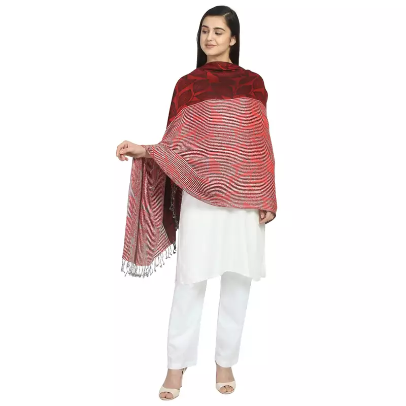Red & Black Viscose Rayon Woven Design Striped Botanical Shawl