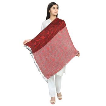 Red & Black Viscose Rayon Woven Design Striped Botanical Shawl 2