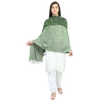 Green & Black Viscose Rayon Woven Design Striped Botanical Shawl 1