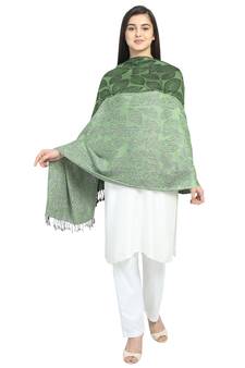 Green & Black Viscose Rayon Woven Design Striped Botanical Shawl