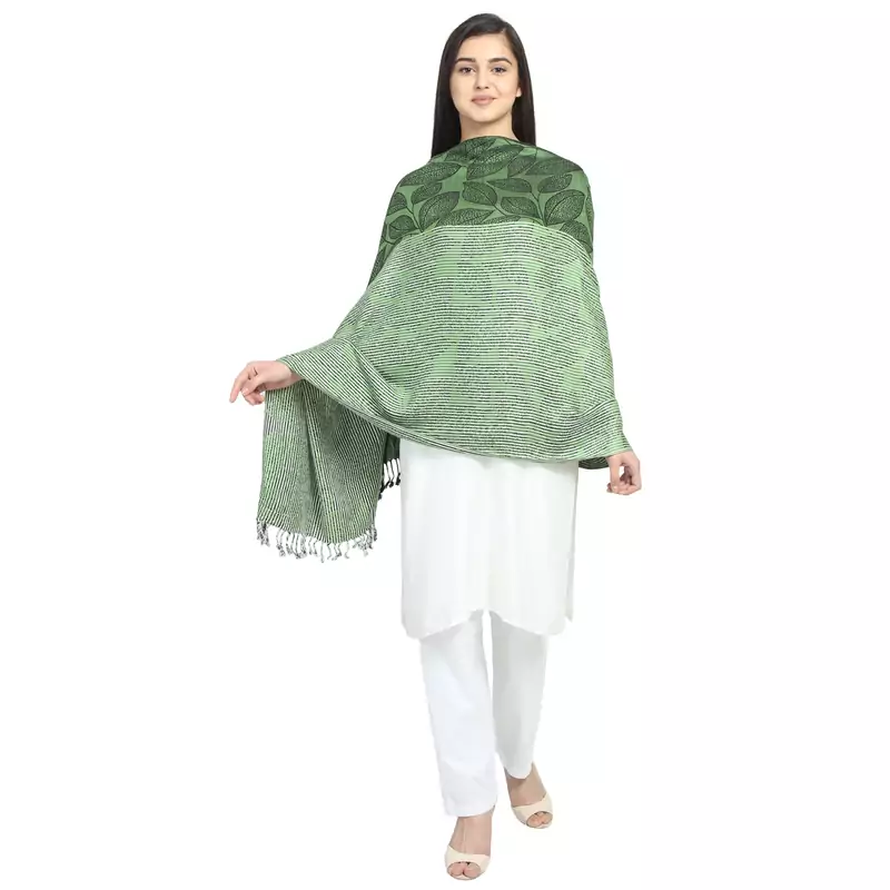 Green & Black Viscose Rayon Woven Design Striped Botanical Shawl