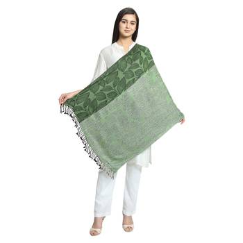 Green & Black Viscose Rayon Woven Design Striped Botanical Shawl 2