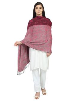 Fuschia & Black Viscose Rayon Woven Design Striped Botanical Shawl