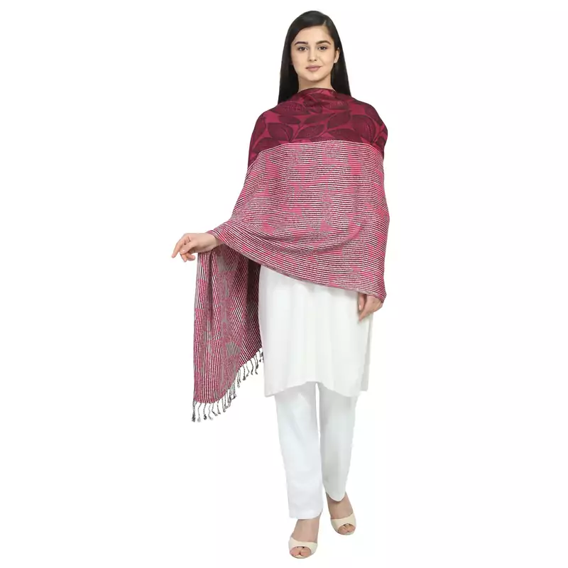 Fuschia & Black Viscose Rayon Woven Design Striped Botanical Shawl