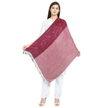 Fuschia & Black Viscose Rayon Woven Design Striped Botanical Shawl 2