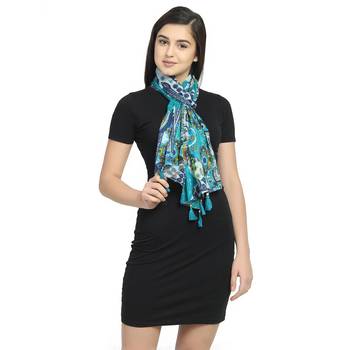 Blue & Multicolor Viscose Rayon Printed Floral Stole 1