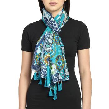 Blue & Multicolor Viscose Rayon Printed Floral Stole 2