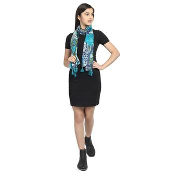 Blue & Multicolor Viscose Rayon Printed Floral Stole 3