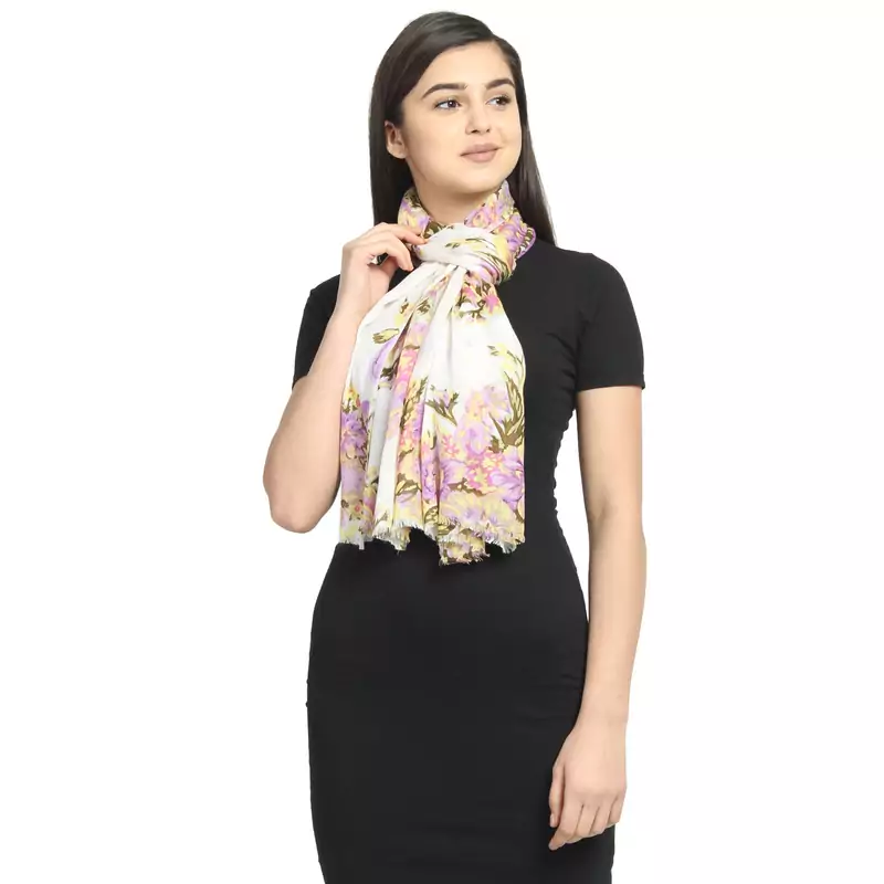 White & Purple Viscose Rayon Printed Floral Stole