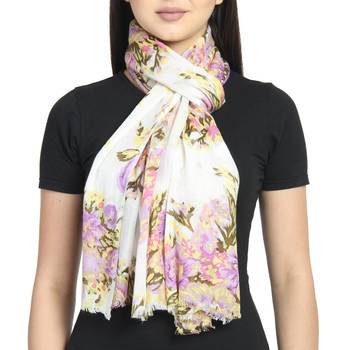 White & Purple Viscose Rayon Printed Floral Stole 2