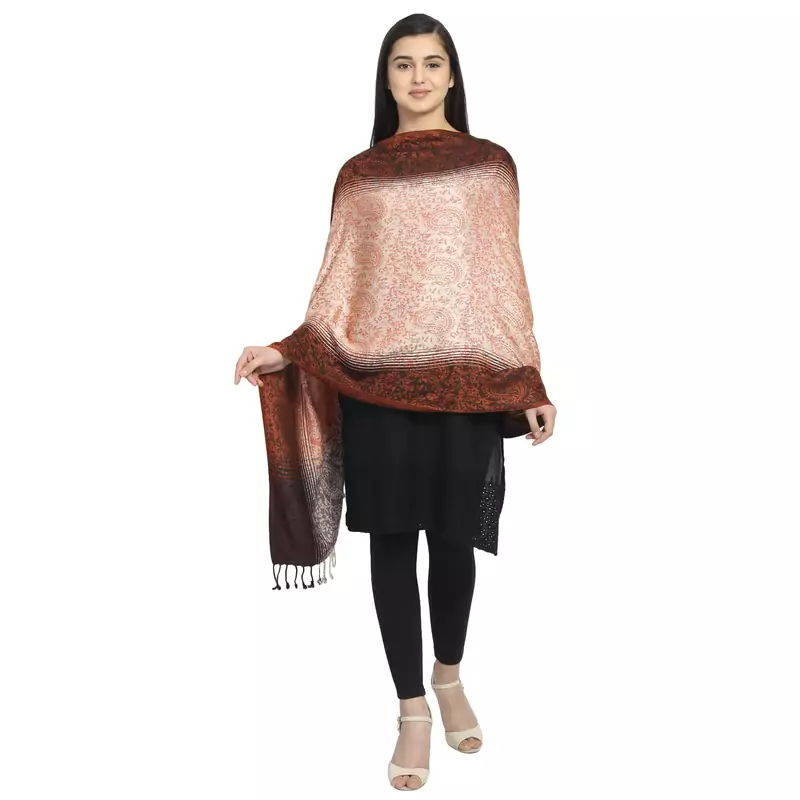 Rust & Brown Viscose Rayon Woven Design Paisley Striped Shawl
