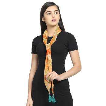 Orange & Green Chiffon Printed Floral Paisley scarf 1