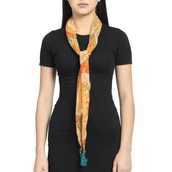 Orange & Green Chiffon Printed Floral Paisley scarf 2