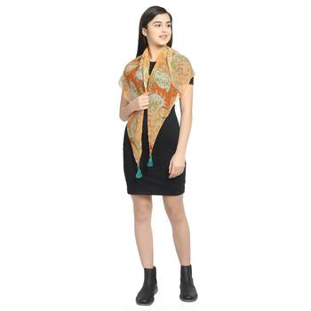 Orange & Green Chiffon Printed Floral Paisley scarf 3