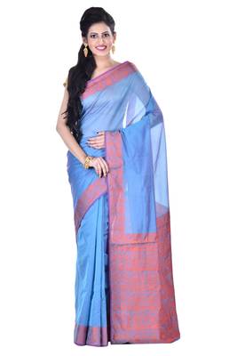 Sky Blue Woman Cotton Silk Blend  Banarasi Saree 1
