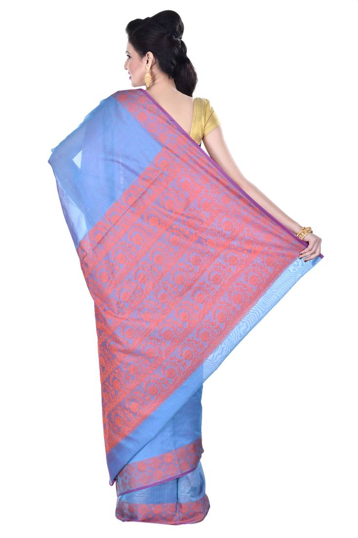 Sky Blue Woman Cotton Silk Blend  Banarasi Saree