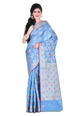 Sky Blue Woman Cotton Silk Blend  Banarasi Saree 1