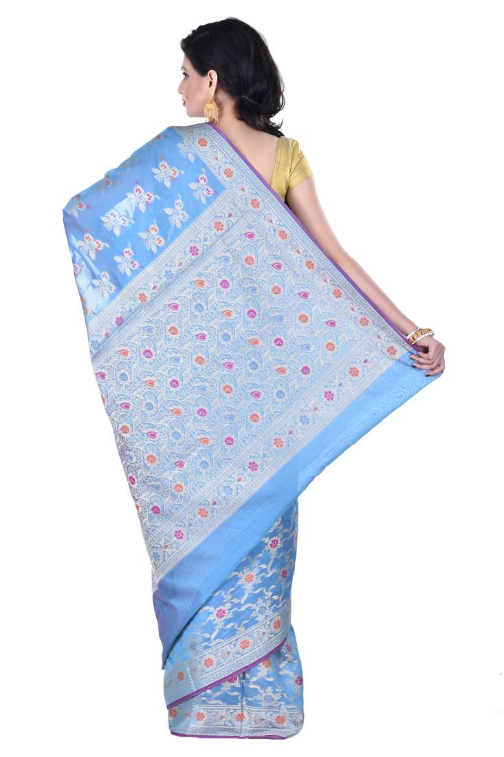 Sky Blue Woman Cotton Silk Blend  Banarasi Saree