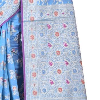 Sky Blue Woman Cotton Silk Blend  Banarasi Saree 3