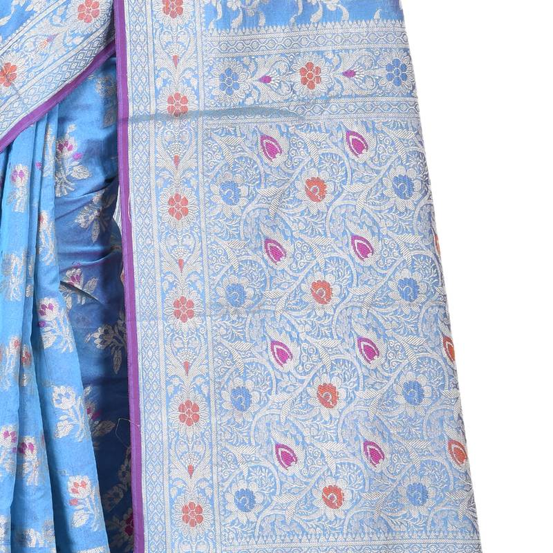 Sky Blue Woman Cotton Silk Blend  Banarasi Saree