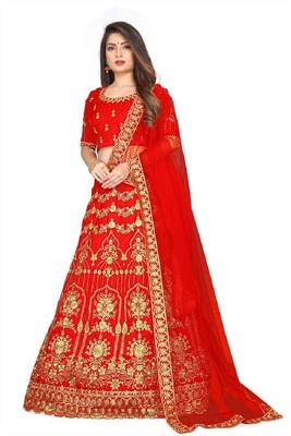 Red Embrodery Satin Attractive Lehngha Lehngha Choli With Blouse 1