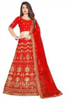 Red Embrodery Satin Attractive Lehngha Lehngha Choli With Blouse 2