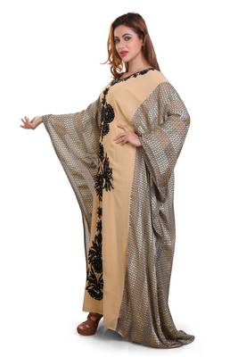 beige moroccan islamic dubai kaftan farasha aari and stone work dress 1