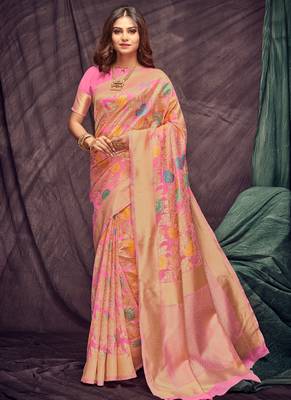 Pink Woven Cotton Silk Saree With Blouse 1