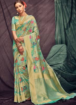 Turquoise Woven Cotton Silk Saree With Blouse 1