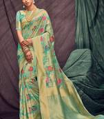 Turquoise Woven Cotton Silk Saree With Blouse
