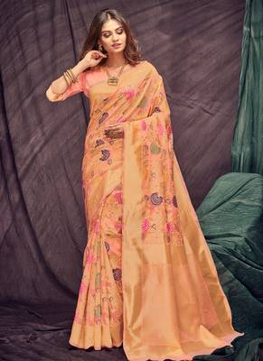 Peach Woven Cotton Silk Saree With Blouse 1