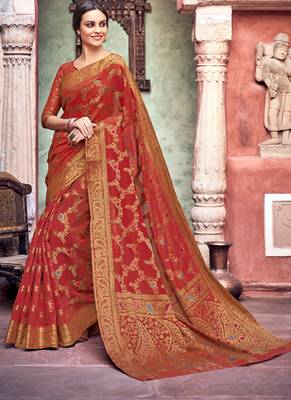 Maroon Woven Cotton Saree With Blouse 1