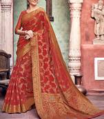 Maroon Woven Cotton Saree With Blouse
