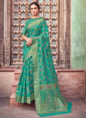 Turquoise Woven Cotton Saree With Blouse 1