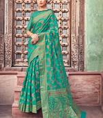 Turquoise Woven Cotton Saree With Blouse
