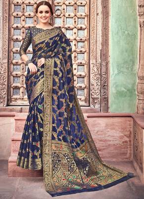 Navy Blue Woven Cotton Saree With Blouse 1