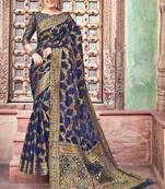 Navy Blue Woven Cotton Saree With Blouse