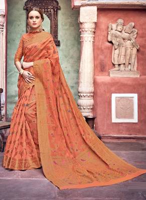 Orange Woven Cotton Saree With Blouse 1