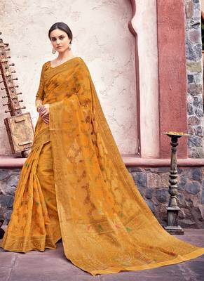 Yellow Woven Cotton Saree With Blouse 1